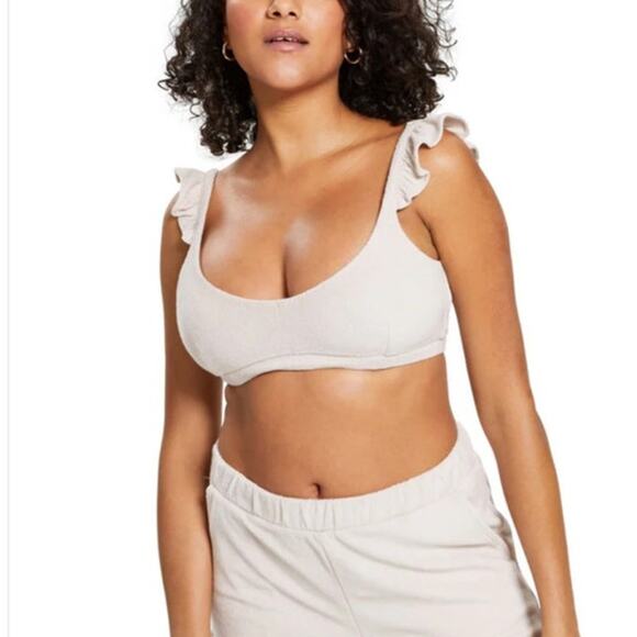 Bar III Scoop Neckline Ruffled Terry Naturally Nude Bralette Sz M NWT - Picture 1 of 11